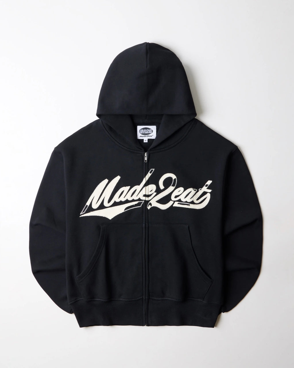 Black rope stitched hoodie with made2eat stitched across the chest. Made from 420 GSM French terry