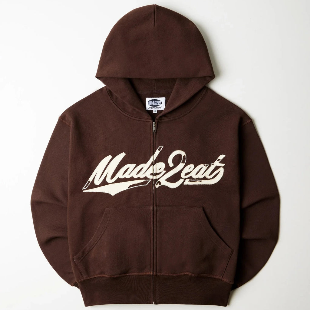 Brown hoodie with 'Made2at' logo on a white background