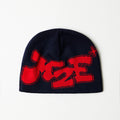 a navy beanie with red font on a white background