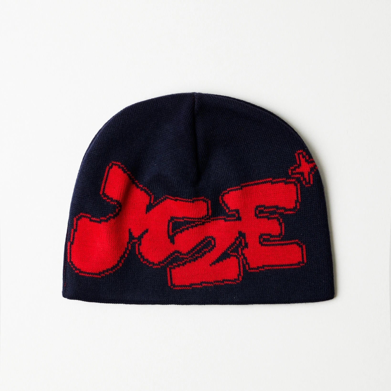 a navy beanie with red font on a white background