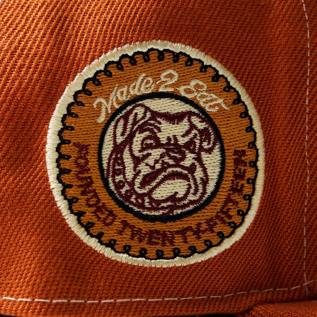 Close-up of a orange fitted cap with a embroidered bulldog logo on a white background